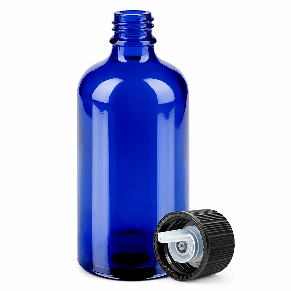 100 ml:n lasipullo sininen, jossa on 1 mm:n tippa ja musta kierrekorkki tarkkaa annostelua varten.