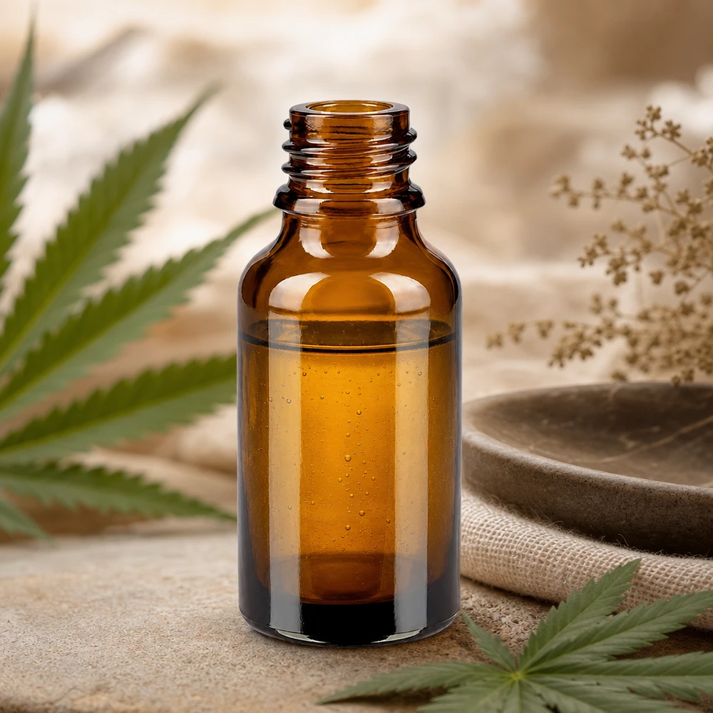 30ml ruskea Apteekkipullo ApoGlas, jossa on kultaista nestettä kannabiksen lehtien ja kuivattujen yrttien vieressä.