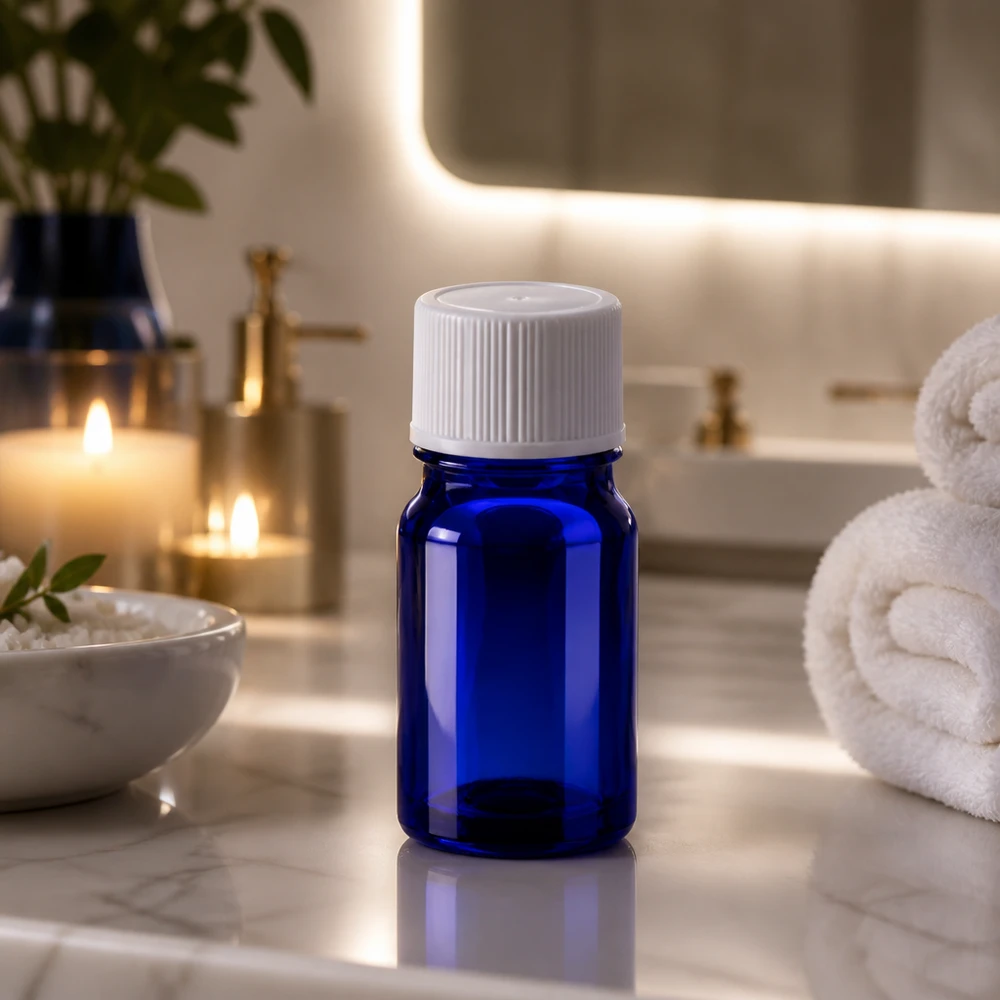 5 ml:n pullo BlueLine-sarjan valkoisella STD-korkilla sopii täydellisesti kylpyhuone- ja wellness-sovelluksiin.