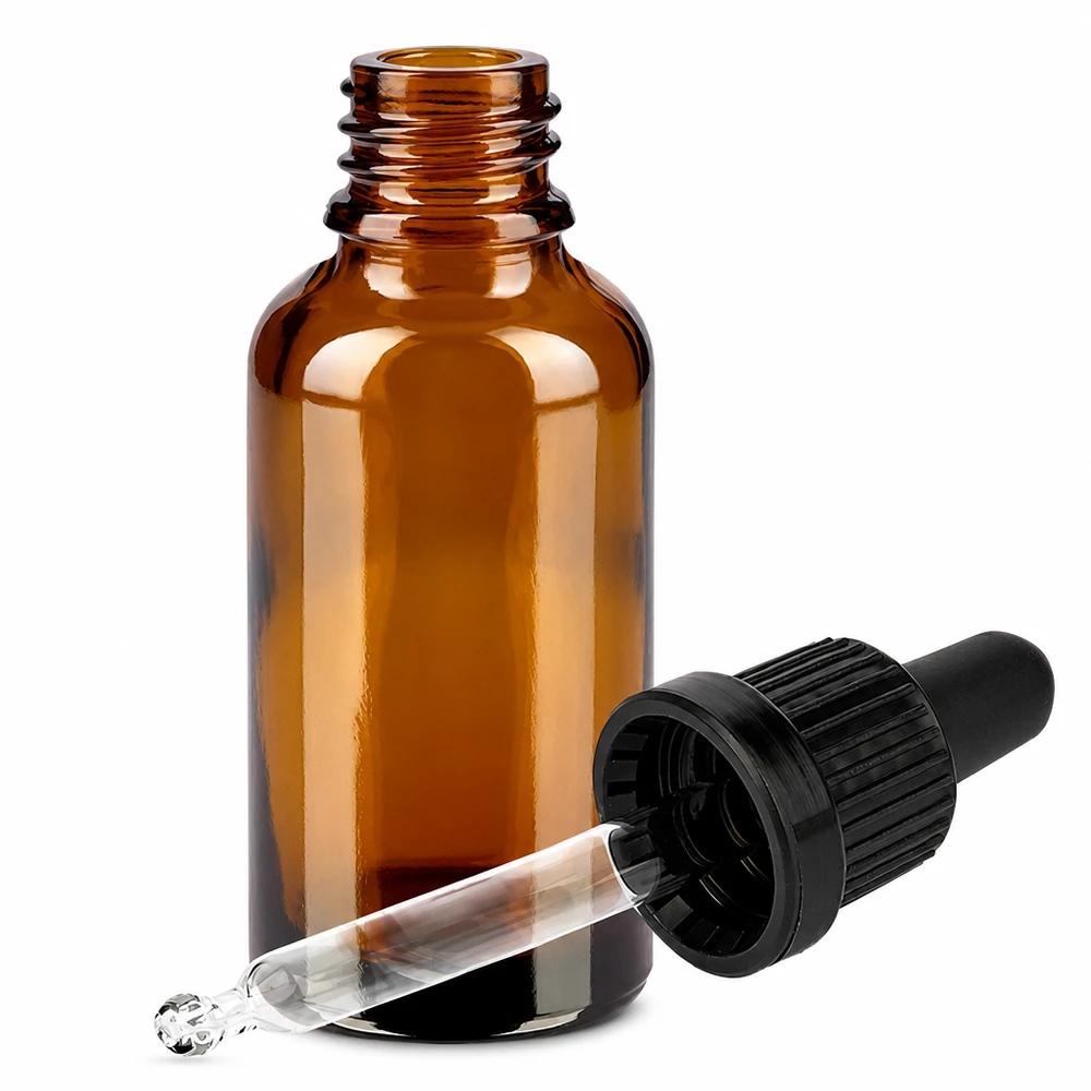 30 ml:n pipettipullo musta tamper-evident-suljin BrownLine UT18/30 30 ml:n pipettipullo meripihkalasista, jossa on tippapipetti ja musta kierre tarkkaa annostelua varten.