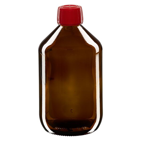 500ml lääkepullo ruskea, punainen korkki, jossa on peukaloinnin estävä rengas ApoGlas 500ml lääkepullo ruskea, punainen korkki, jossa on peukaloinnin estävä rengas ApoGlas