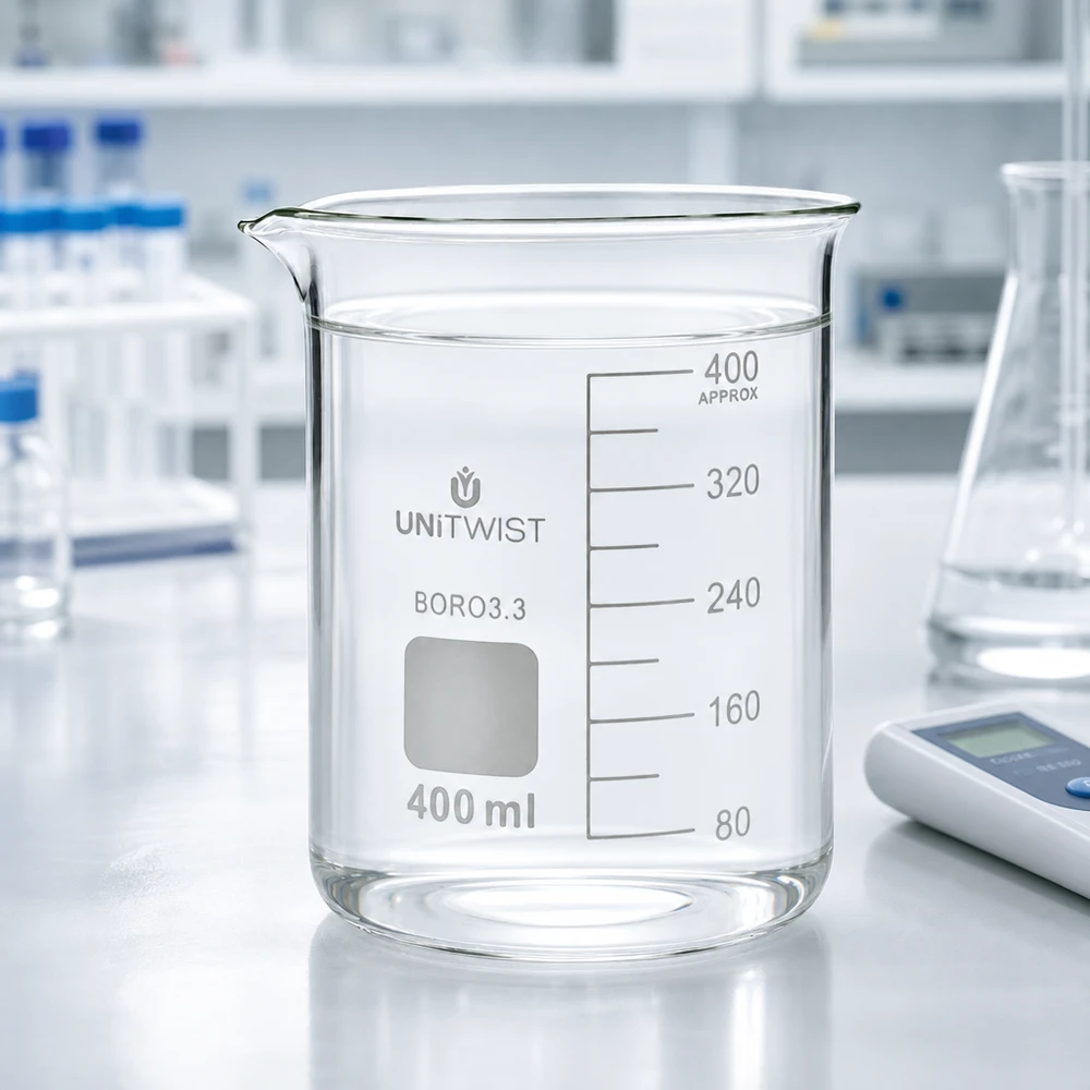 400 ml borosilikaattilasi, matala muotti UNiTWIST UNiTWIST-lasimuki 400 ml, borosilikaattilasia 3.3, kaatonokalla ja valkoisella merkintäalueella laboratoriossa