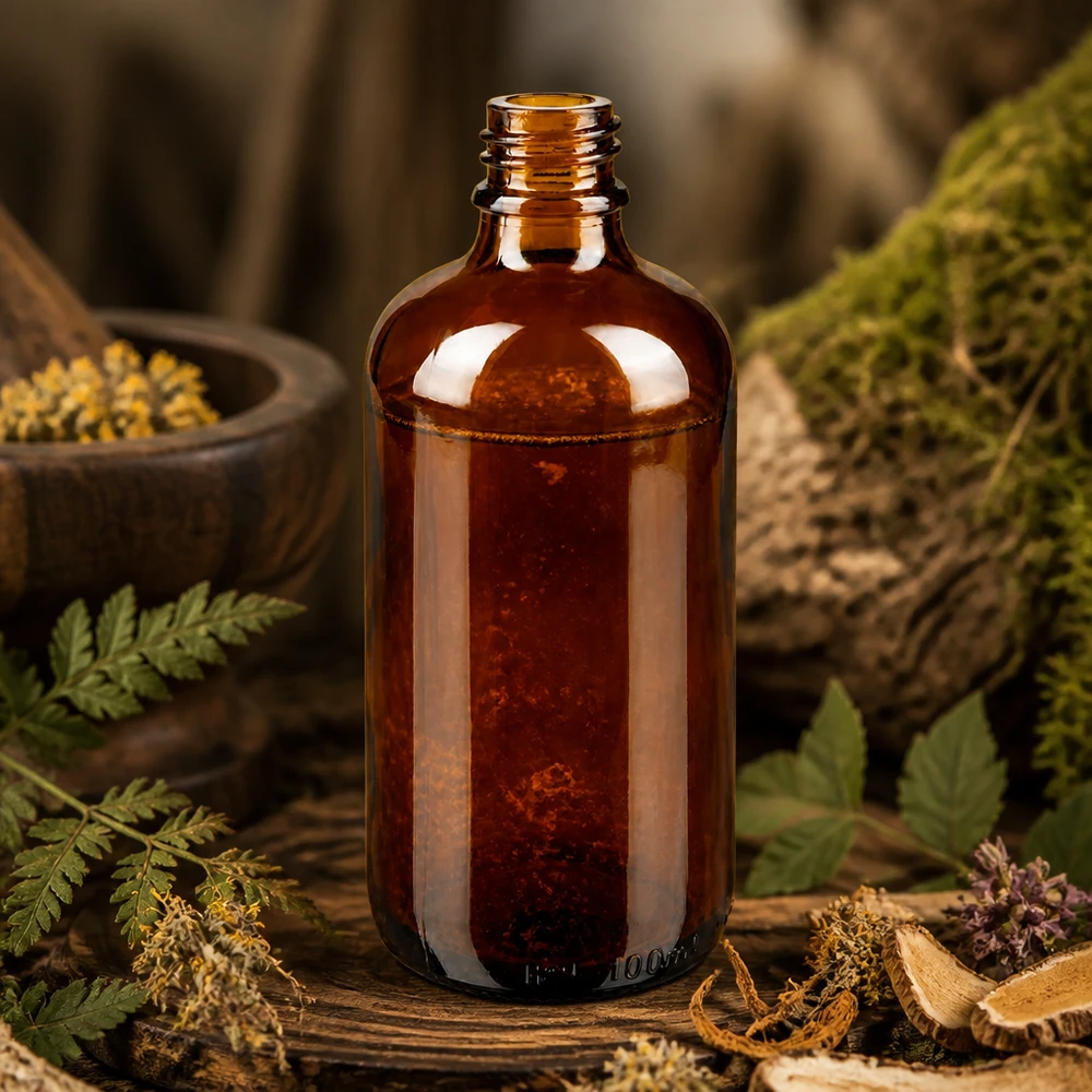 100ml ruskea apteekkipullo ApoGlas, jossa on saniaisia, sieniä ja yrttejä luonnollisessa metsäapteekkiympäristössä.