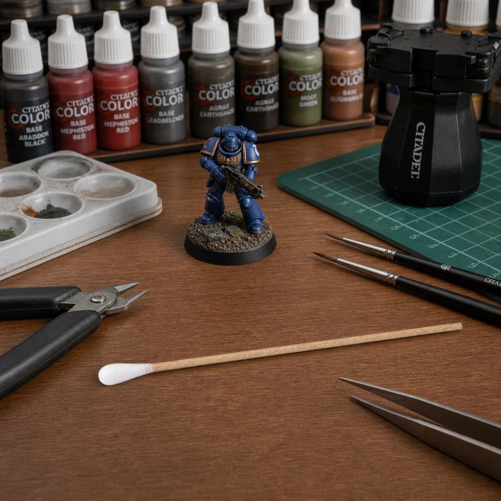 Pumpulipuikot UNSTERIL Steriloimattomat vanupuikot Warhammer 40K Space Marine -miniatyyrien maalaamisessa puupöydällä