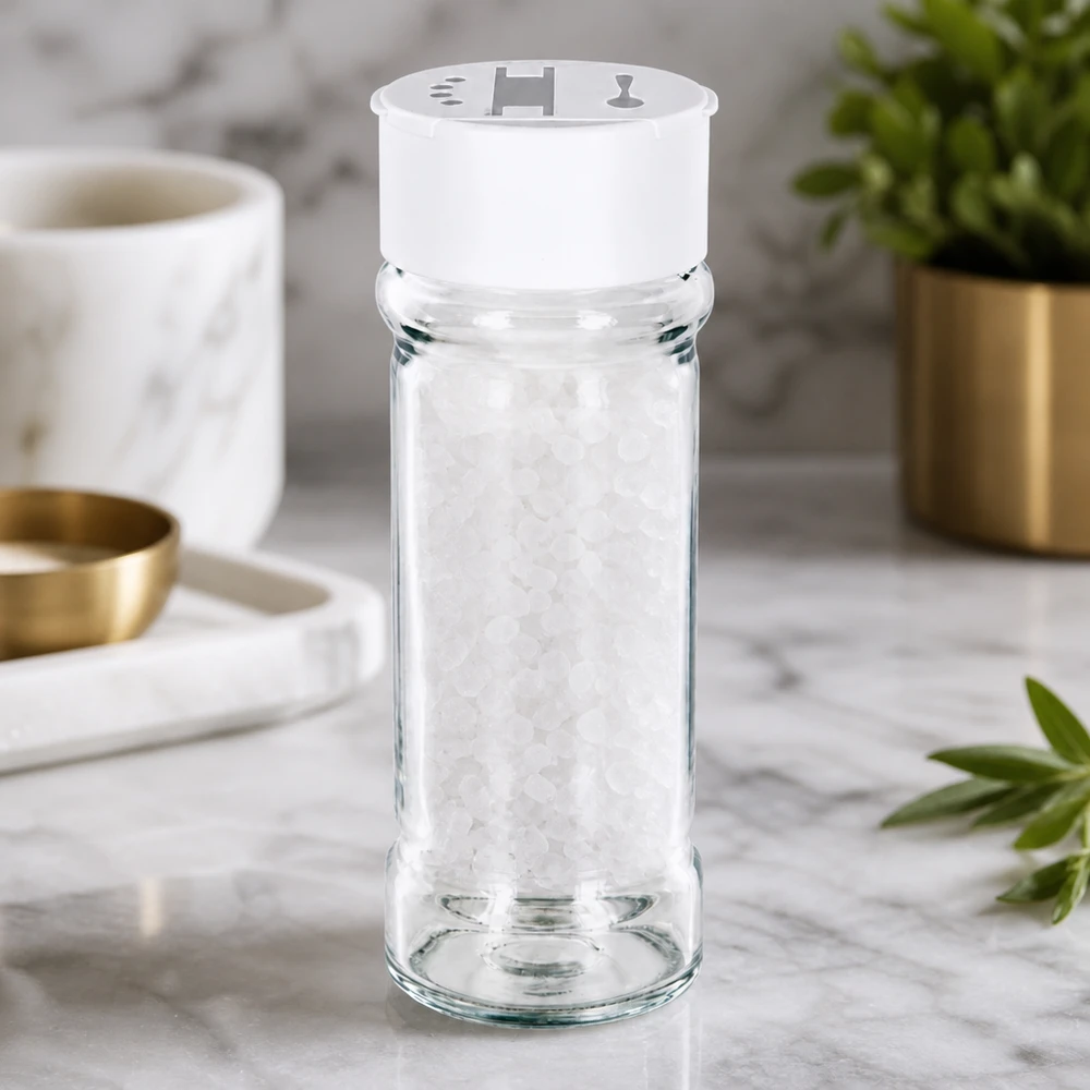 Läpinäkyvä maustepurkki 100 ml, jossa on valkoinen kaksoissäiliö marmorialustalla ja joka on täytetty karkealla merisuolalla