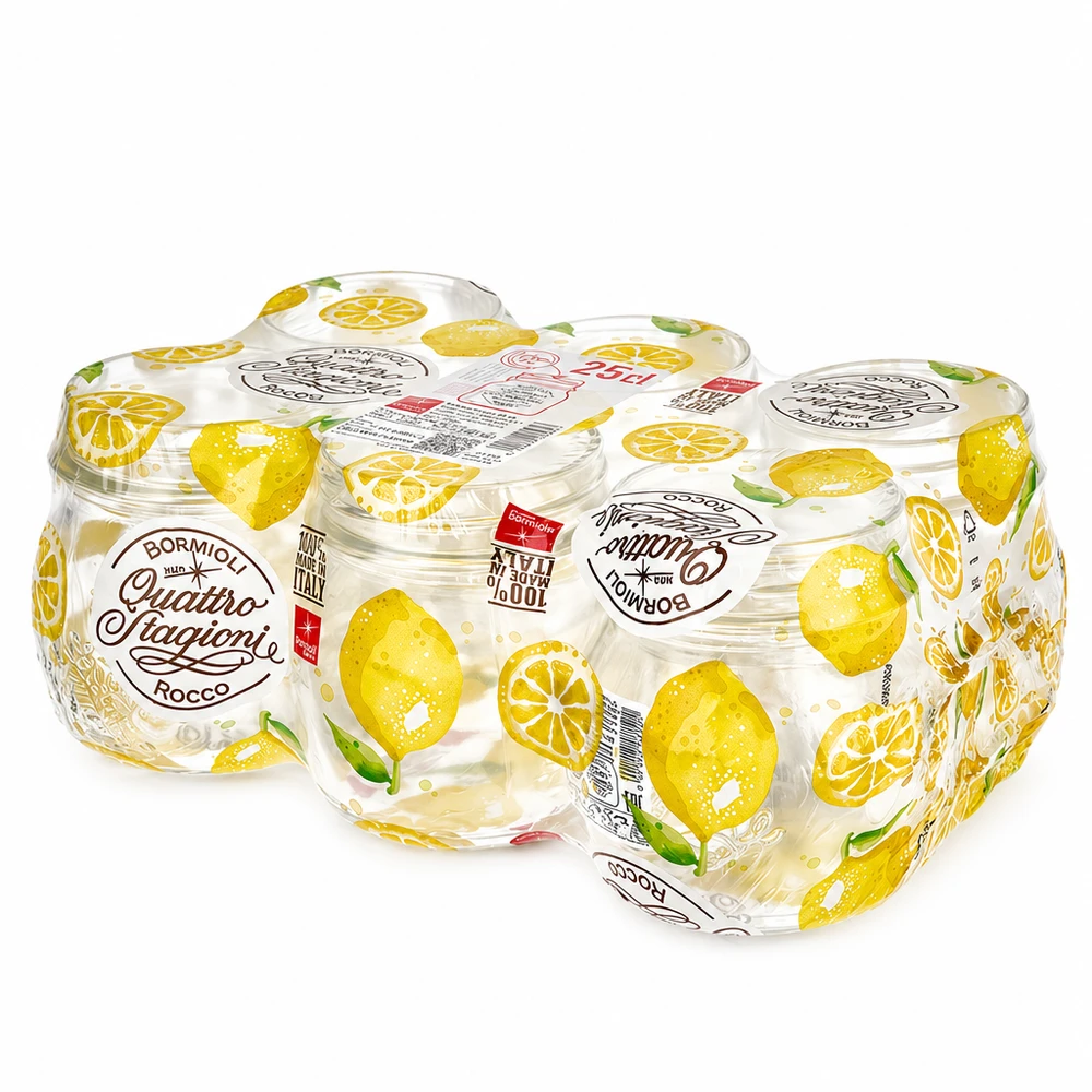 250ml pyöreä purkki "Quattro Stagioni" kannella varustettuna 250 ml:n pyöreä Quattro Stagioni -purkki, jossa on sitruunakuvio ja kansi Bormioli Rocco -säilykepurkki, 6 kpl:n pakkaus.