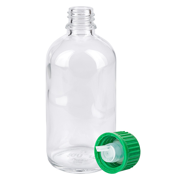 100 ml:n ClearLine-tiputuspullo kirkkaasta lasista, jossa on vihreä lapsiturvakorkki ja 0,8 mm:n tiputusosa