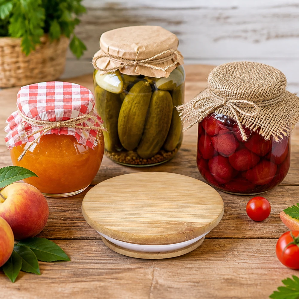 Holzdeckel für WECK Gläser RR100 im Einsatz bei der Konservierung von Gurken Marmelade und eingelegtem Obst