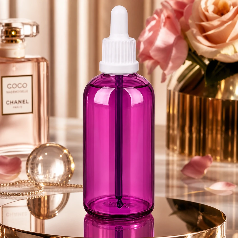 PurpleLine pipettipullo 100ml violetti ja valkoinen tiputin aromaterapiaan ja ihonhoitoon.