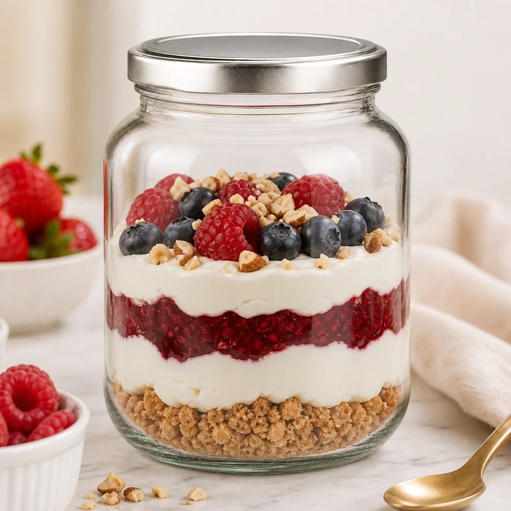 370ml ovaali lasipurkki, jossa on BasicSeal-kansi hopea UNiTWIST 370ml Ovalglas BasicSeal als stylischer Dessertbehälter für geschichtetes Beerentrifle mit Joghurt und Nüssen