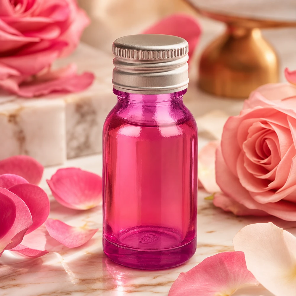 Pieni 10ml violetti lasipullo, jossa on hopeinen kierrekorkki, ihanteellinen kosmetiikkaan ja hajuvesiin.