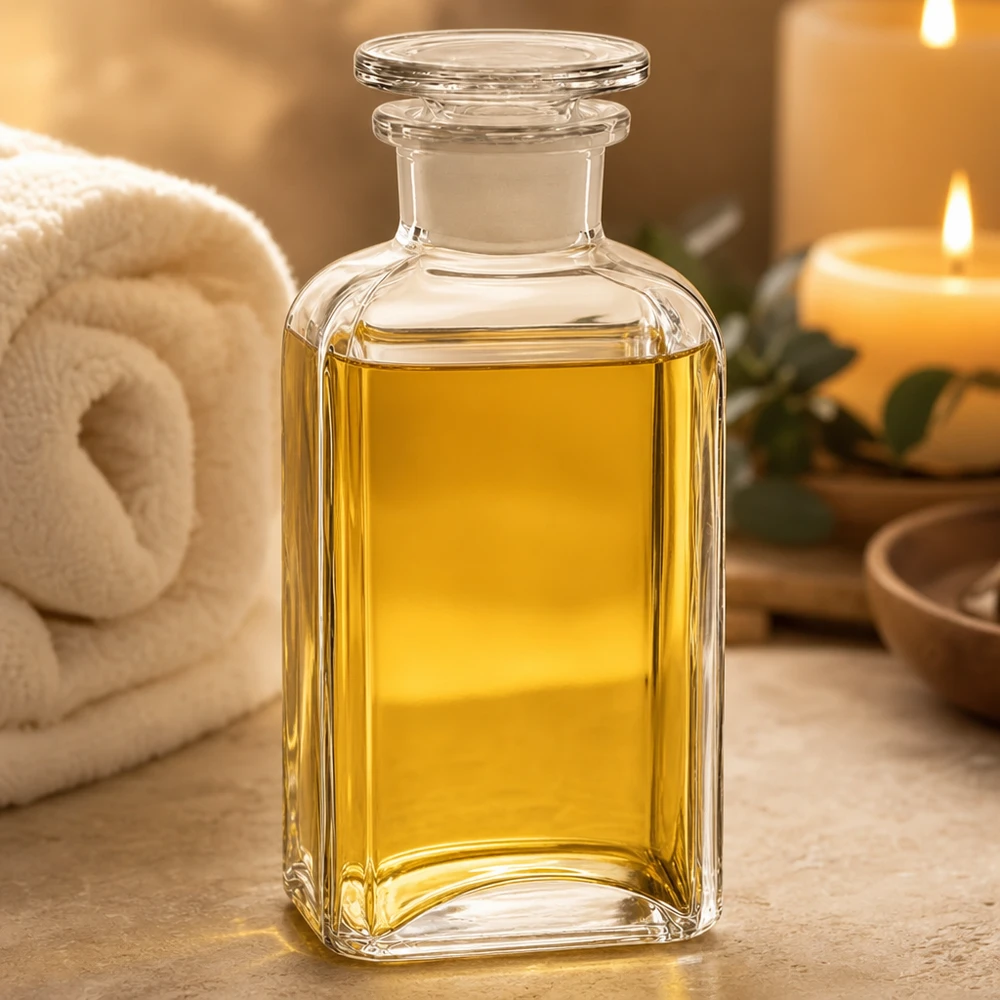 Nelikulmainen pullo 250ml kirkas leveäkaulainen lasitulppa 250 ml:n apteekkipullo, nelikulmainen, kirkasta lasia, leveäkaulainen, lasitulpalla varustettu, täytetty keltaisella öljyllä