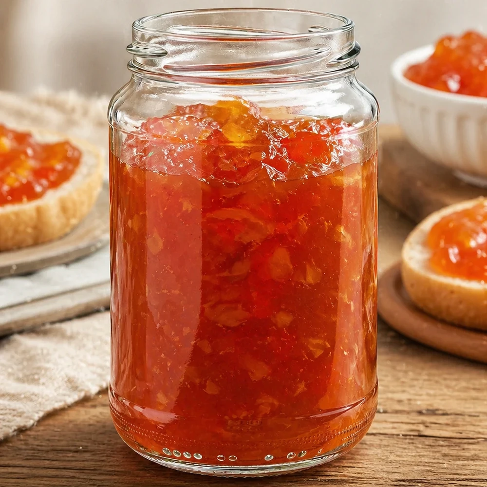 375ml pyöreä purkki ilman kantta (TO63) UNiTWIST UNiTWIST UNiTWIST Runda375 Rundglas 375ml gefüllt mit hausgemachter Orangenmarmelade auf Holztisch neben Marmeladenbrot