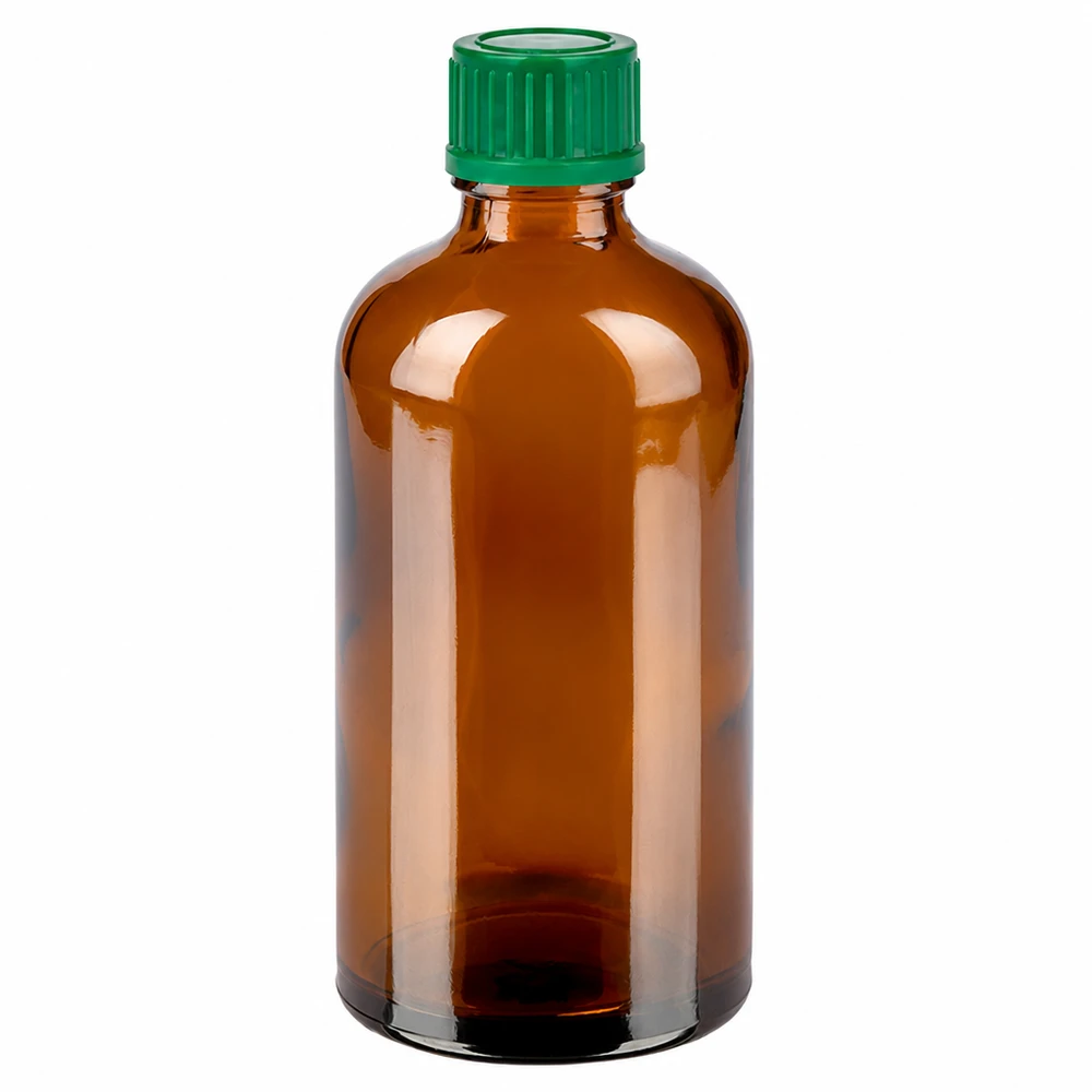 100ml pullo 11mm ruuvikorkki vihreä Standard BrownLine UT18/100 100ml meripihkanvärinen lasipullo, jossa on vihreä kierrekorkki farmaseuttisiin sovelluksiin.