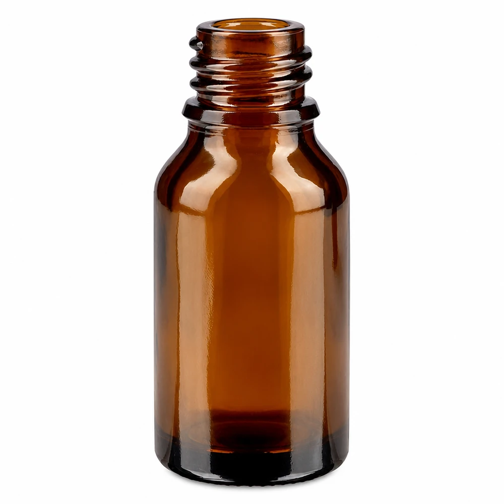 15ml ruskea lasinen apteekkipullo ruuvikierteellä eteerisille öljyille ja lääkkeille.
