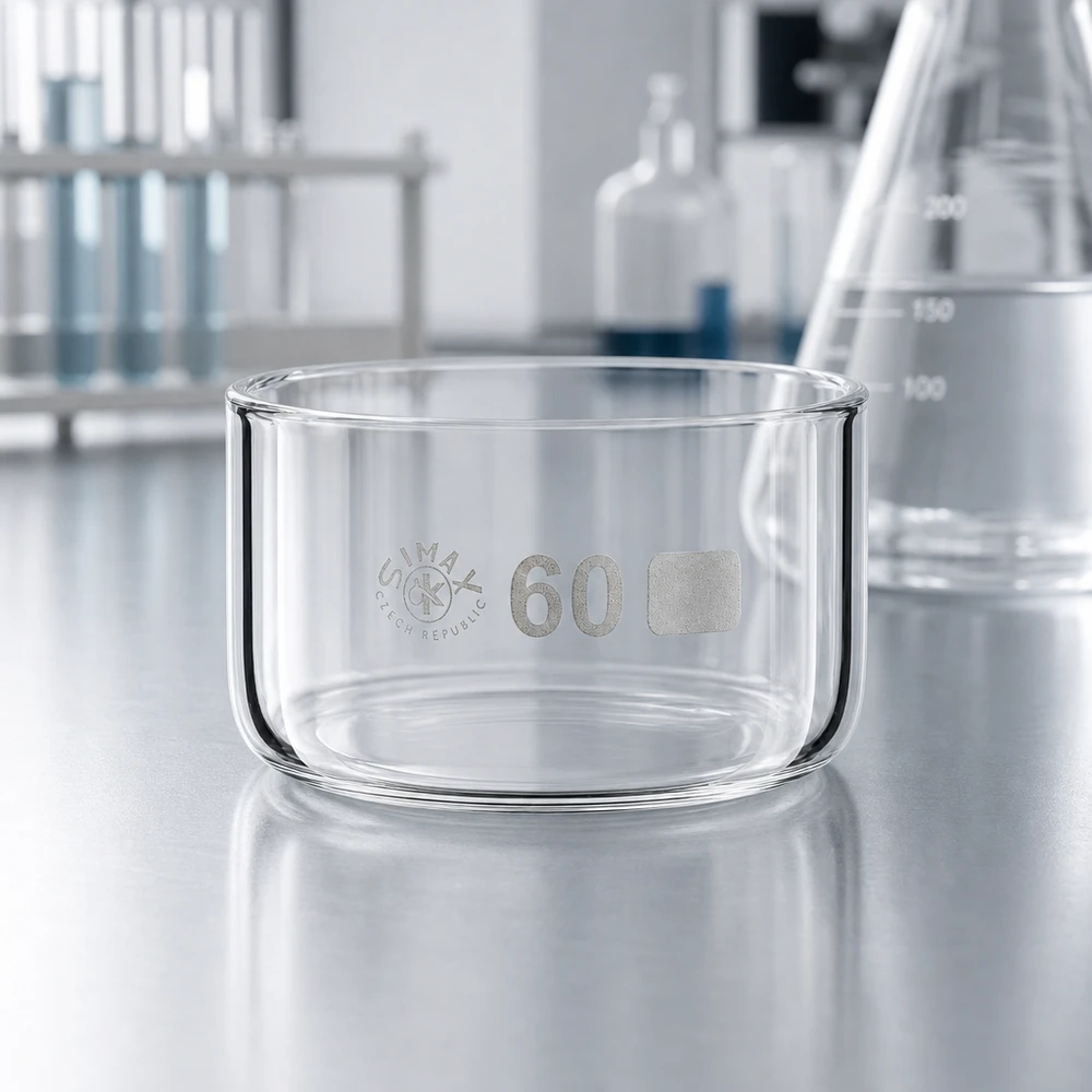 Tyhjä Simax-kristallisaatioastia 60 ml, borosilikaattilasia, sylinterimäinen, ø60 mm, laboratoriotyötasolla