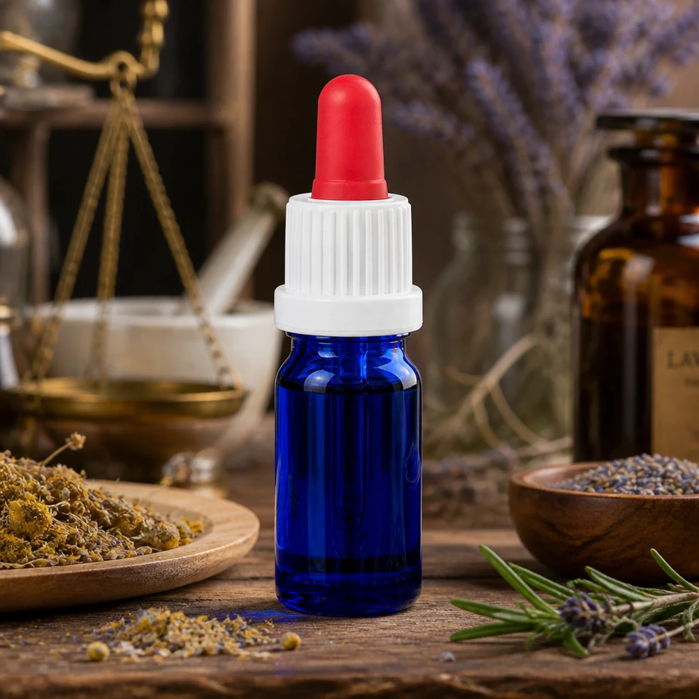Sininen 5 ml:n pipettipullo, jossa on valkoinen kierrekorkki ja punainen pipettikärki aromaterapiaa varten.