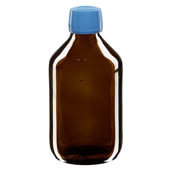 250ml lääkepullo ruskea, sininen korkki, jossa on sinetöintiturvallinen rengas ApoGlas. 250ml lääkepullo ruskea, sininen korkki, jossa on sinetöintiturvallinen rengas ApoGlas.