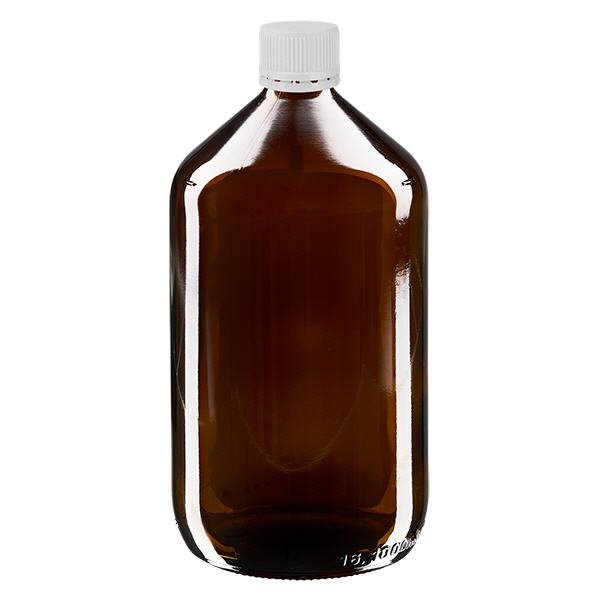 1000ml lääkepullo ruskea, valkoinen korkki, jossa on peukaloinnin estävä rengas ApoGlas 1000ml lääkepullo ruskea, valkoinen korkki, jossa on peukaloinnin estävä rengas ApoGlas