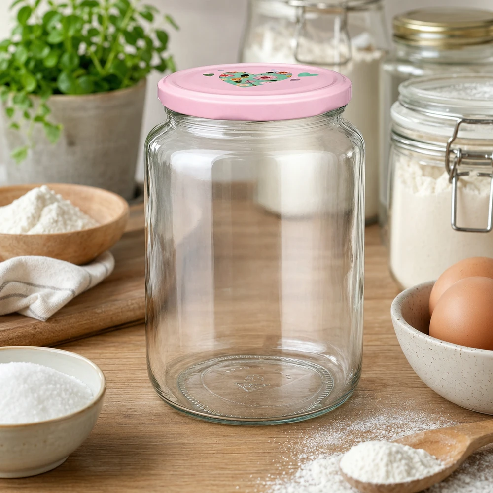 795ml pyöreä purkki + BasicSeal kansi sydän vaaleanpunainen UNiTWIST Leeres Rundglas 795ml mit rosa BasicSeal Deckel in Küchenszenerie zwischen Backzutaten Mehl und Eiern auf Holzbrett