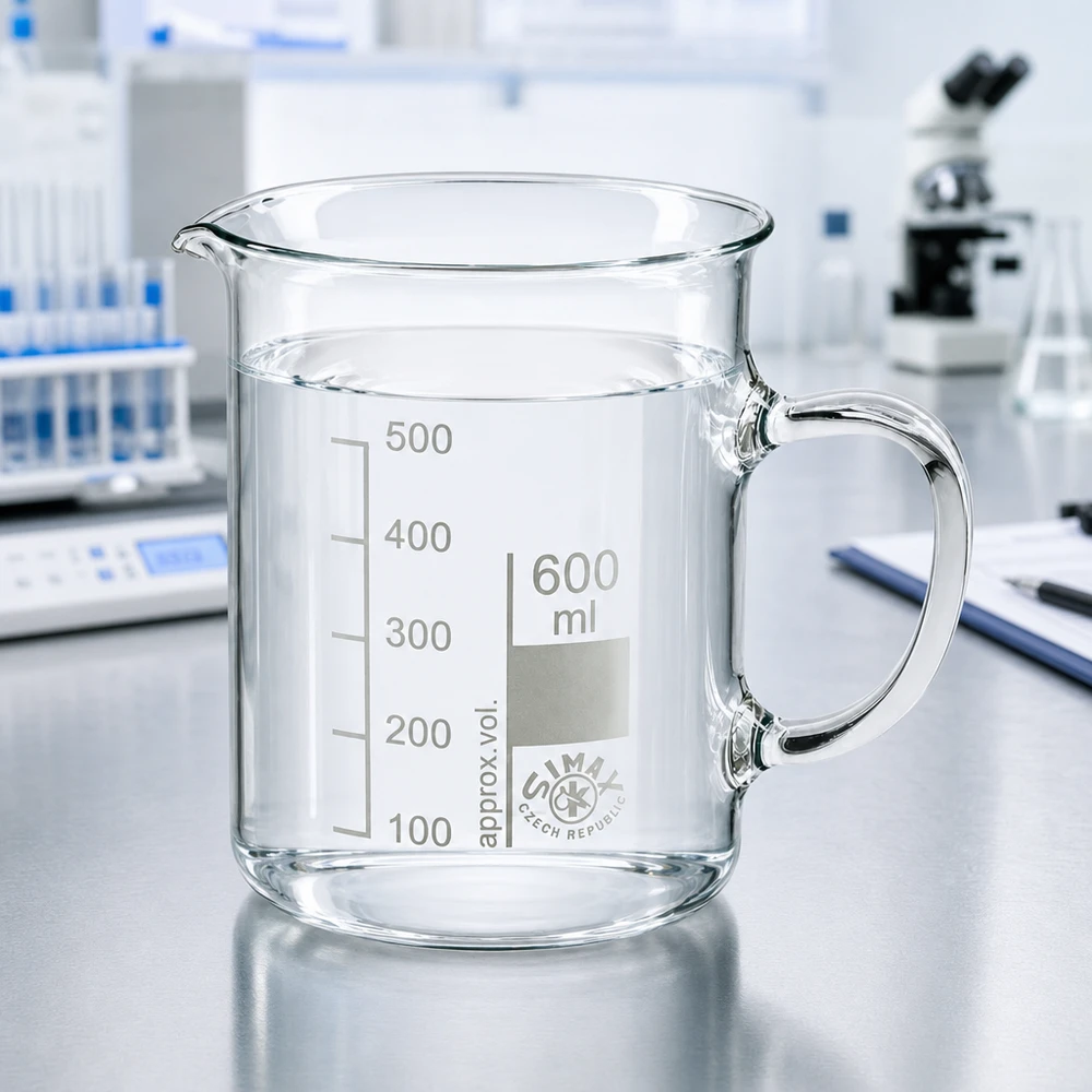 600 ml:n dekantterilasi, kahvallinen Simaxin Tšekistä valmistama kirkas 600 ml:n kuppilasi, jossa on kahva, laboratoriopöydällä mikroskoopin vieressä