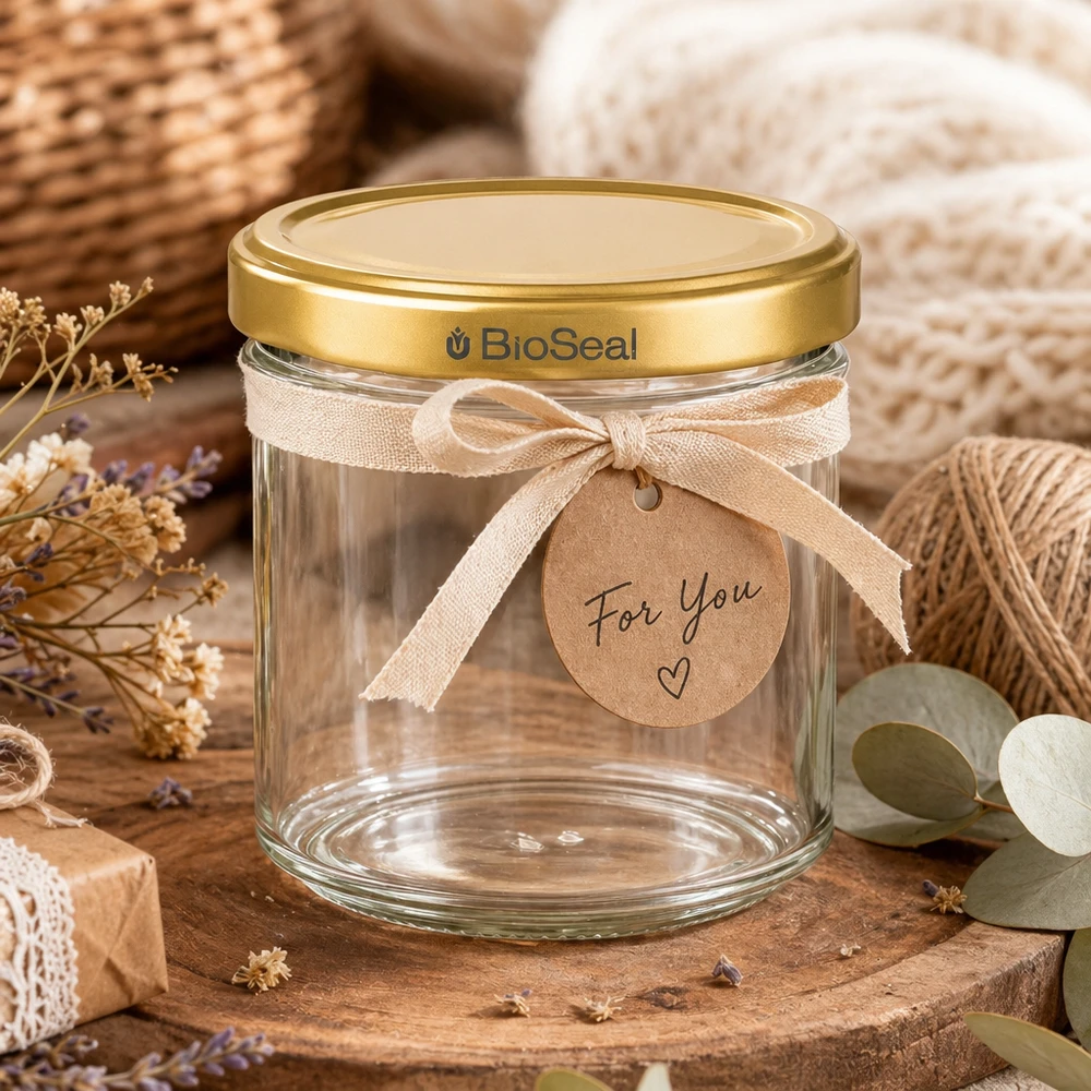 200g Honigglas mit goldenem Deckel BioSeal UNiTWIST 200g hunajapurkki tyhjä BioSeal kultainen kansi lahjaksi koristeltuna rusetilla ja For You tagilla.