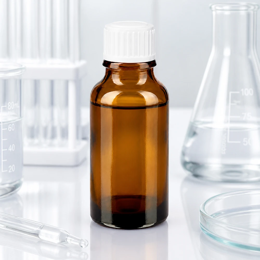 20 ml:n ruskealasiinen apteekkipullo, jossa on valkoinen SV STD 11 mm:n tulppa, laboratoriossa Erlenmeyer-pullon ja lasikulhon välissä