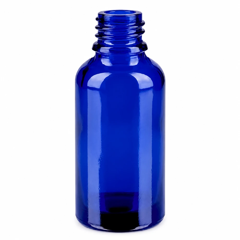 Sininen 30ml lasipullo kierrekierteellä eteerisiä öljyjä ja aromaterapiaa varten.