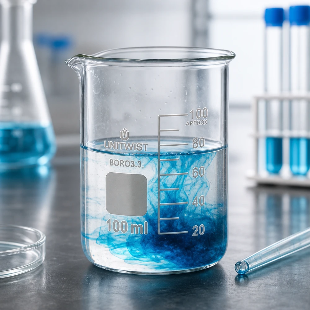 Läpinäkyvä 100 ml:n laboratoriomuki, jossa on sinistä, metallipinnalla leviävää nestettä