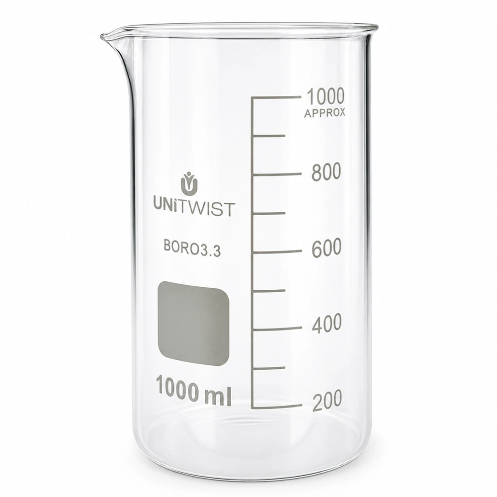 1000 ml:n korkea UNITWIST-borosilikaattilasinen mittalasi, jossa on millilitrimittakaava 1000 ml:aan asti