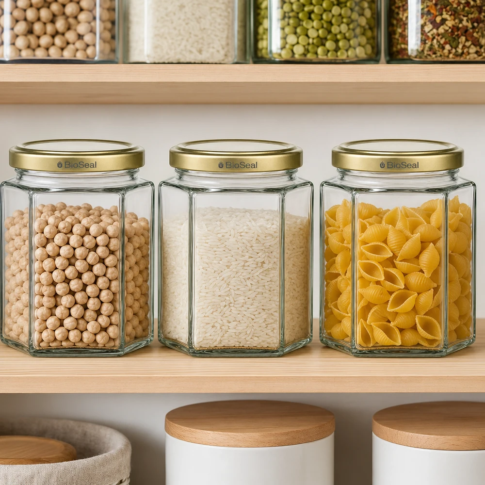 520g BioSeal hunajapurkkeja kuusikulmainen kultainen kansi säilytyskaapissa täynnä kikherneitä riisi ja pasta