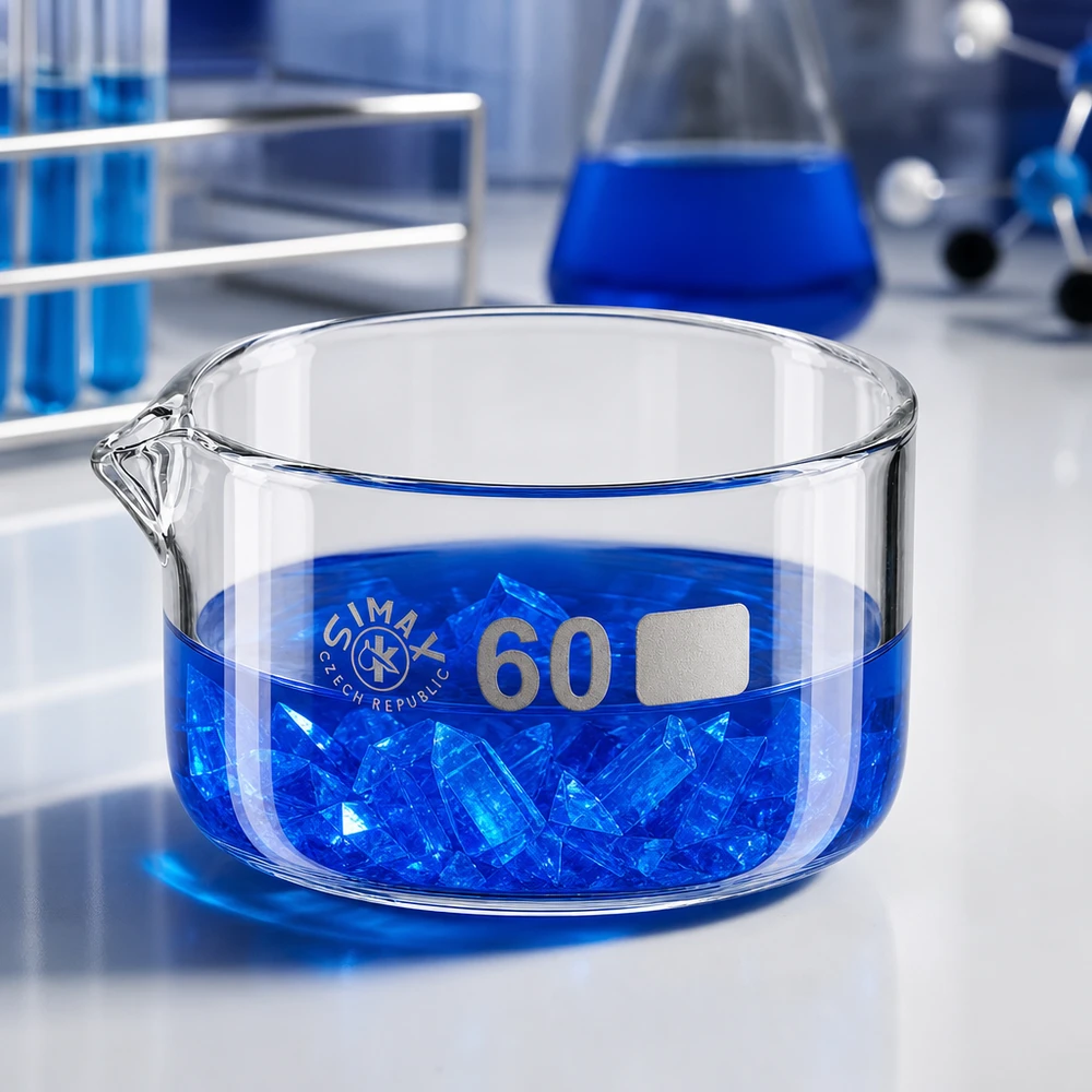 60ml kiteytysastia, jossa on borosilikaattikannu ø60mm Simax-kristallisaatioastia 60 ml, borosilikaattilasi, siniset kristallit, laboratoriomalja, sylinterimäinen, litteä, läpinäkyvä