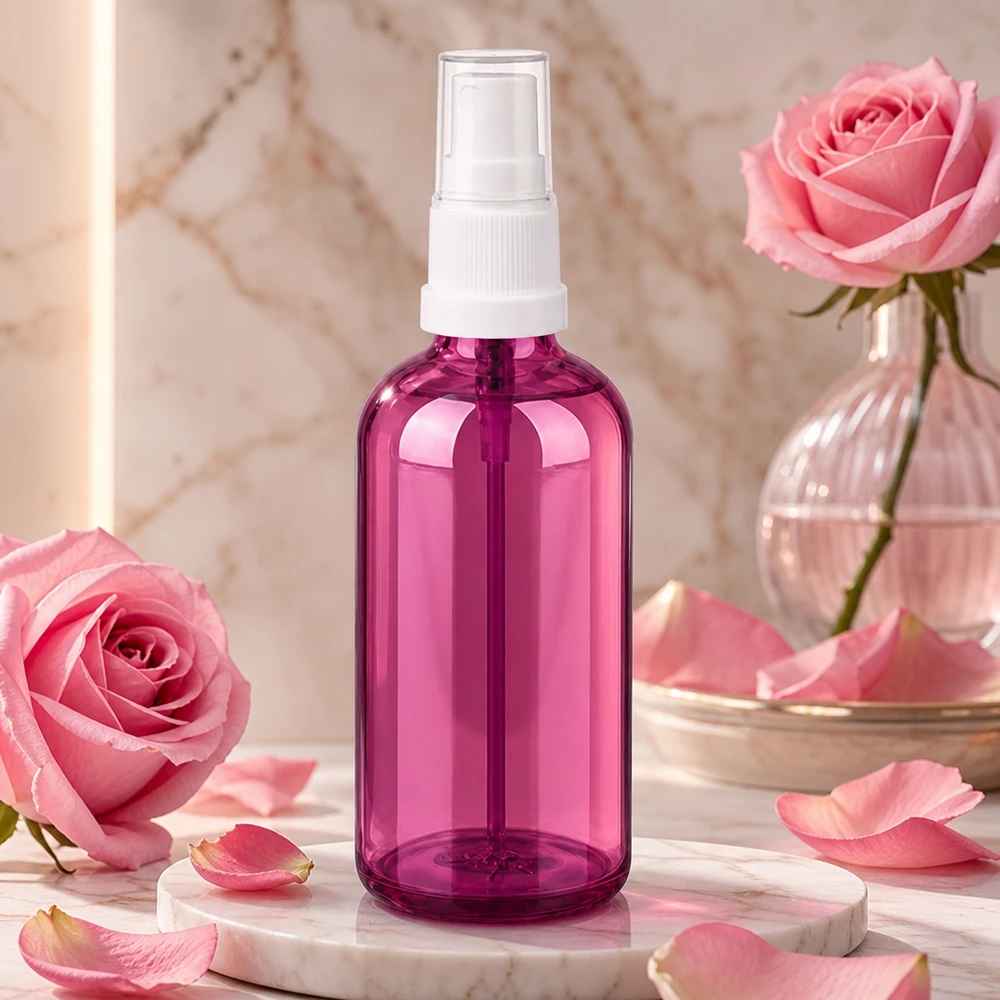 100ml ruiskupullo valkoinen/läpinäkyvä Standard PurpleLine UT18/100 100ml pumppusumutinpullo, jossa valkoinen suihkupää tyylikkäässä violetissa lasissa