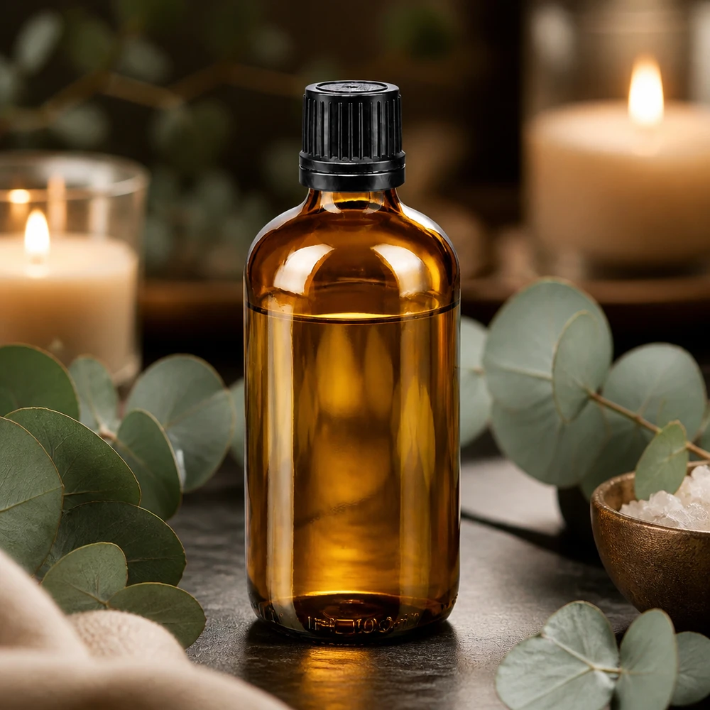 Apteekkipullo ruskea 100ml tippakorkki premium 1mm musta tamper-evident sulkeminen 100 ml:n ruskealasiinen tiputuspullo, jossa on musta OV-korkki, eukalyptuksen kuvioidulla spa-taustalla
