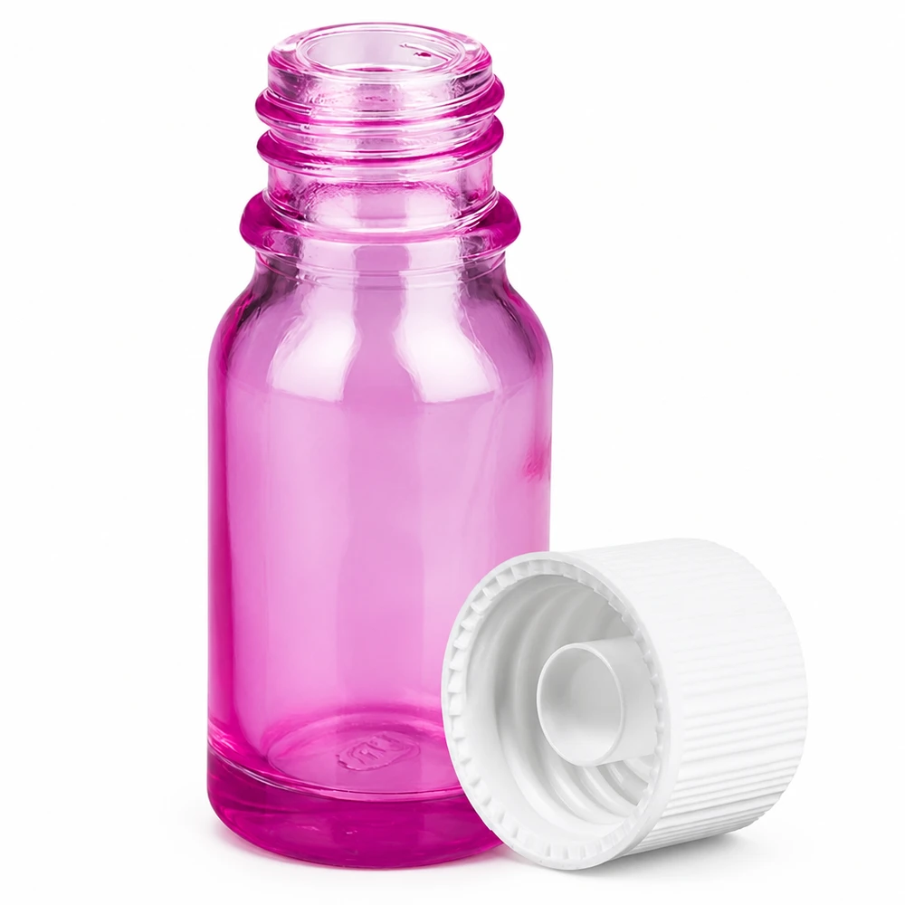 Pieni 10ml violetti lasipullo valkoisella korkilla, ihanteellinen aromaterapiaan ja luonnonkosmetiikkaan.
