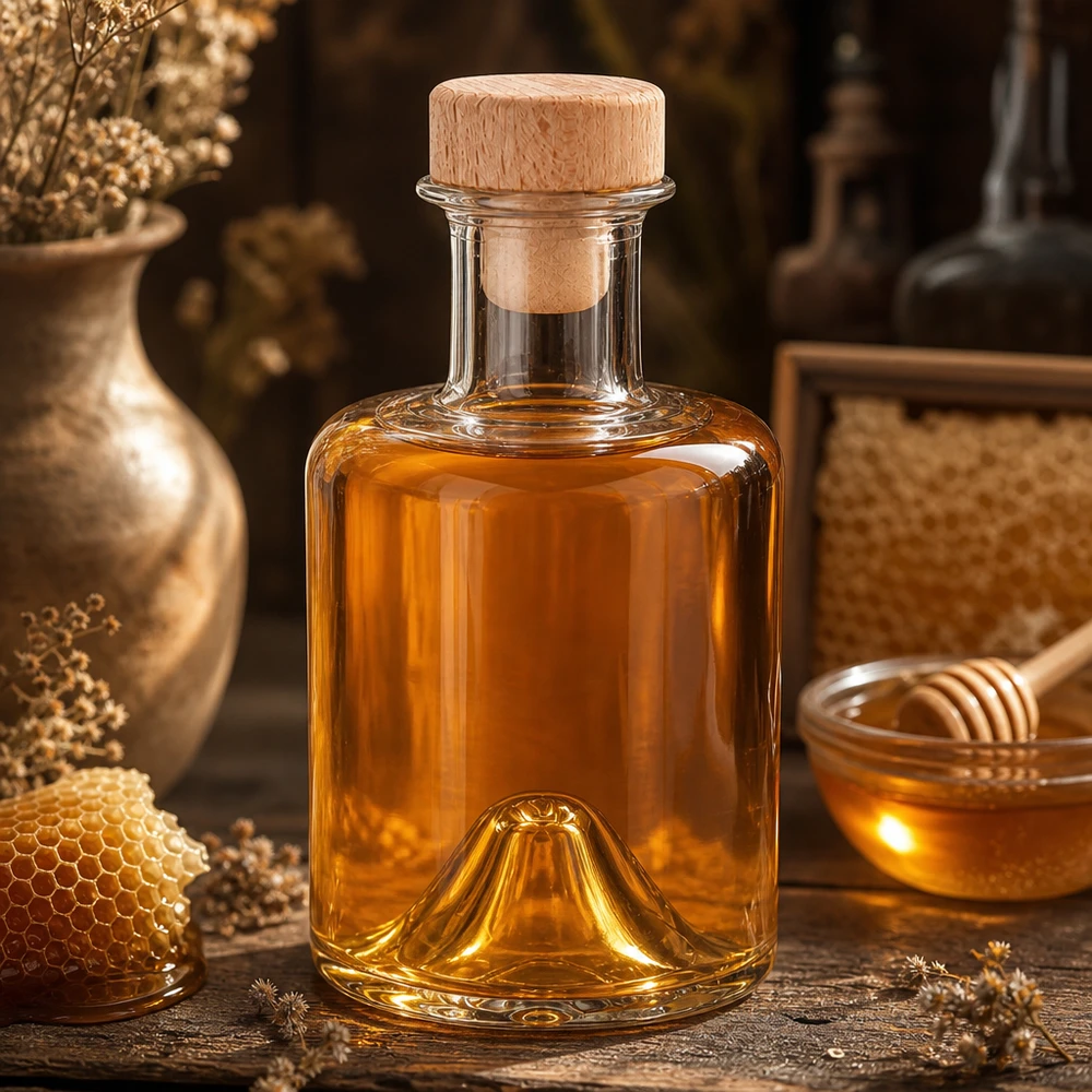 200ml Glasflasche "Sofia" mit Holzgriff-Korken UNiTWIST 200ml Sofia-lasipullo, jossa on puukorkki ja joka on täytetty hunajalla maalaismaisessa keittiössä hunajakennon ja hunajaruukun vieressä.