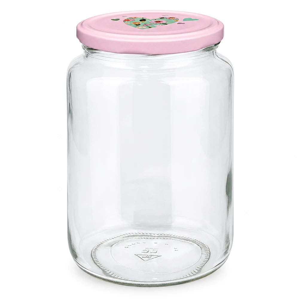795ml pyöreä purkki + BasicSeal kansi sydän vaaleanpunainen UNiTWIST Rundglas 795ml mit rosa BasicSeal Deckel Herz-Motiv Einmachglas Vorratsglas mit Twist-Off Verschluss leer