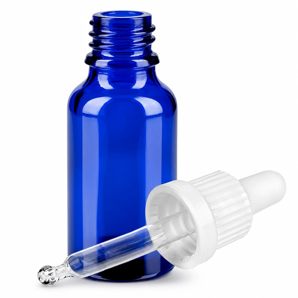 20ml pipettipullo valkoinen tamper-evident-suljin BlueLine UT18/20 Sininen lasipullo 20ml tippapipetillä eteerisiä öljyjä ja kosmetiikkaa varten.
