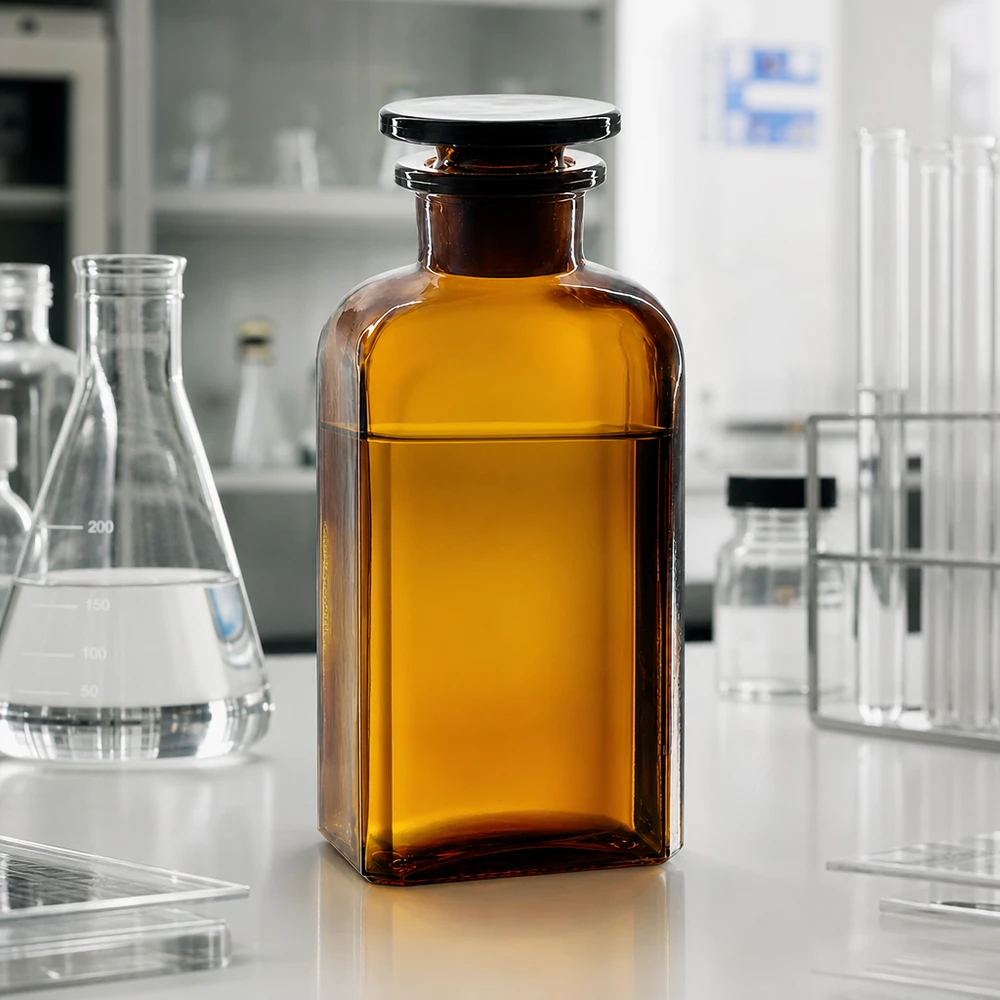 Nelikulmainen pullo 250ml ruskea leveäkaulainen lasitulppa Ruskealasiinen laboratoriopullo, 250 ml, neliönmuotoinen, hiottu tulppa, valolta suojattu säilytys