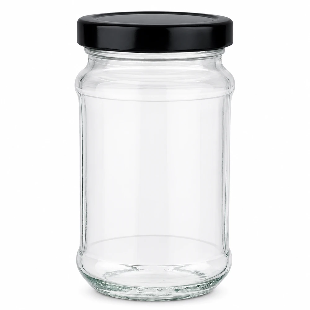 390ml pyöreä purkki mustalla BasicSeal-kannella UNiTWIST - tyhjä lasinen säilytyspurkki, jossa on kierrekorkki.
