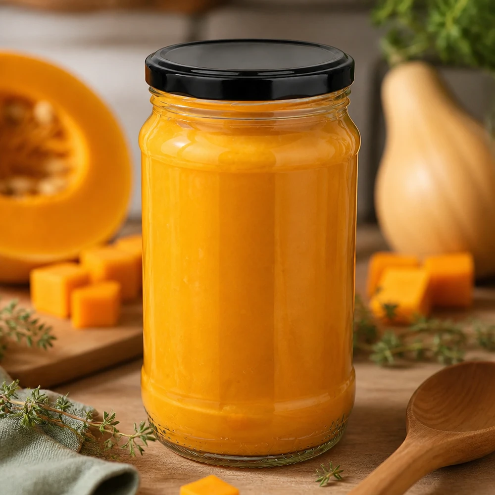 370 ml:n pyöreä lasi + BasicSeal musta UNiTWIST 370 ml:n UNiTWIST-pyöreä lasipurkki, jossa on musta BasicSeal-kansi, täytetty kurpitsasoseella ja ympäröity tuoreella butternut-kurpitsalla
