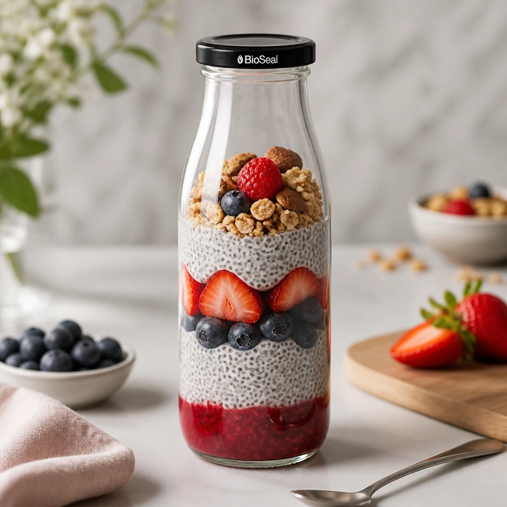 500ml lasipullo täynnä chia-vanukas kerroksellista jälkiruokaa - marjoja pähkinöitä ja BioSeal-kansi terveellisiin aterioihin.