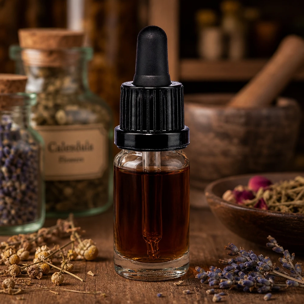 10ml pipettipullo musta peukaloinnin estävä korkki ClearLine UT18/10 Läpinäkyvä 10 ml:n pipettipullo, jossa on musta tiputin, sekä kehäkukkapurkit ja laventeli