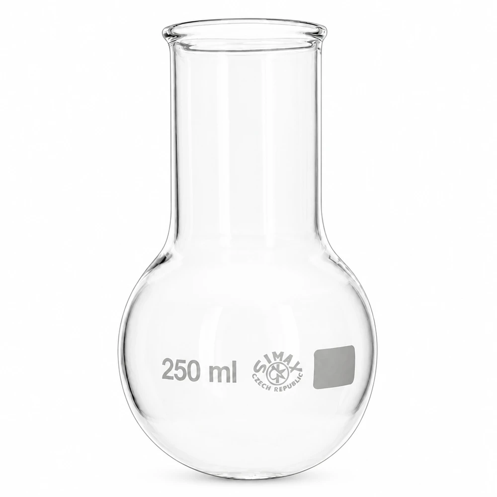 Pyöreäpohjainen pullo 250ml leveä kaula Leveäkaulainen pyöreäpohjainen pullo 250 ml, jossa on leveä aukko helppoa täyttöä ja puhdistusta varten.