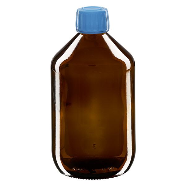 500ml lääkepullo ruskea, sininen korkki, jossa on sinetöintiturvallinen rengas ApoGlas. 500ml lääkepullo ruskea, sininen korkki, jossa on sinetöintiturvallinen rengas ApoGlas.