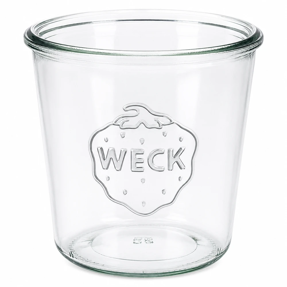 580ml juomalasit WECK RR100 WECK 580ml RR100 muuripurkki kirkkaasta lasista, jossa on kohokuvioitu logo säilöntään ja purkitukseen.