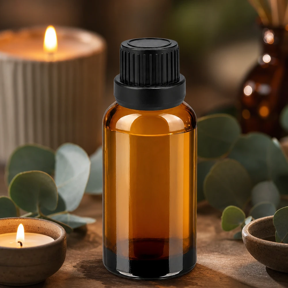 30ml apteekkipullo ruskea mustalla ruuvikorkilla aromaterapiasovelluksiin.