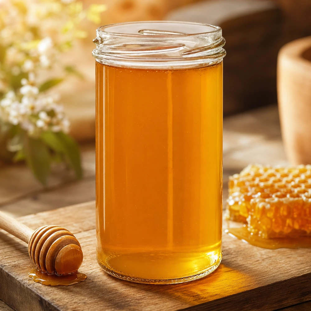277ml juomalasit ilman kantta (TO66) UNiTWIST UNiTWIST Sturzglas 277ml mit goldenem Honig gefüllt auf Holzbrett mit Honiglöffel und Waben - perfekt für Marmelade und