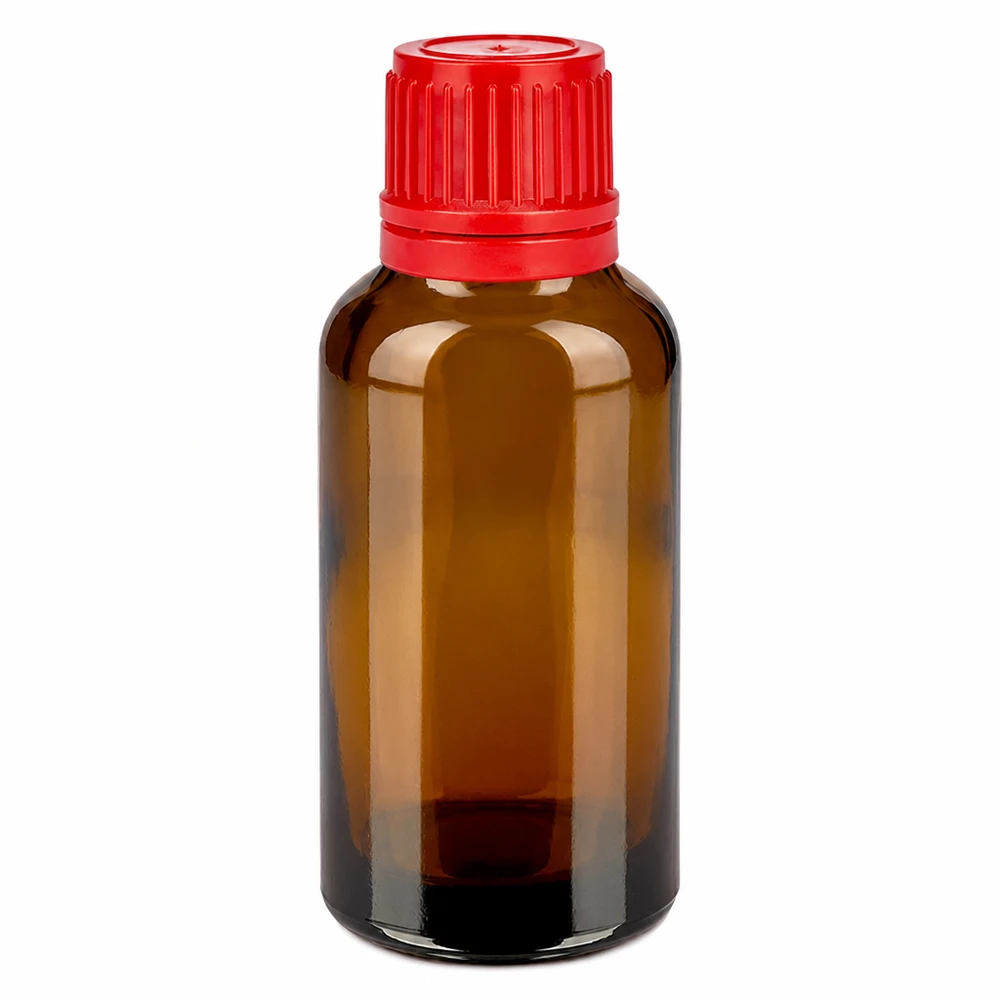 30ml pullo 11mm ruuvikorkki punainen väärentämistä estävä sulkeminen BrownLine UT18/30 30ml ruskea lasipullo punaisella kierrekorkilla eteerisiä öljyjä ja tinktuureja varten.