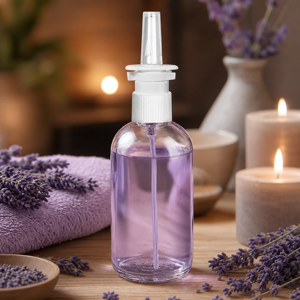 100 ml:n ClearLine-nenäsumutepullo, joka on täytetty violettisella laventelinesteellä, hyvinvointitunnelmassa